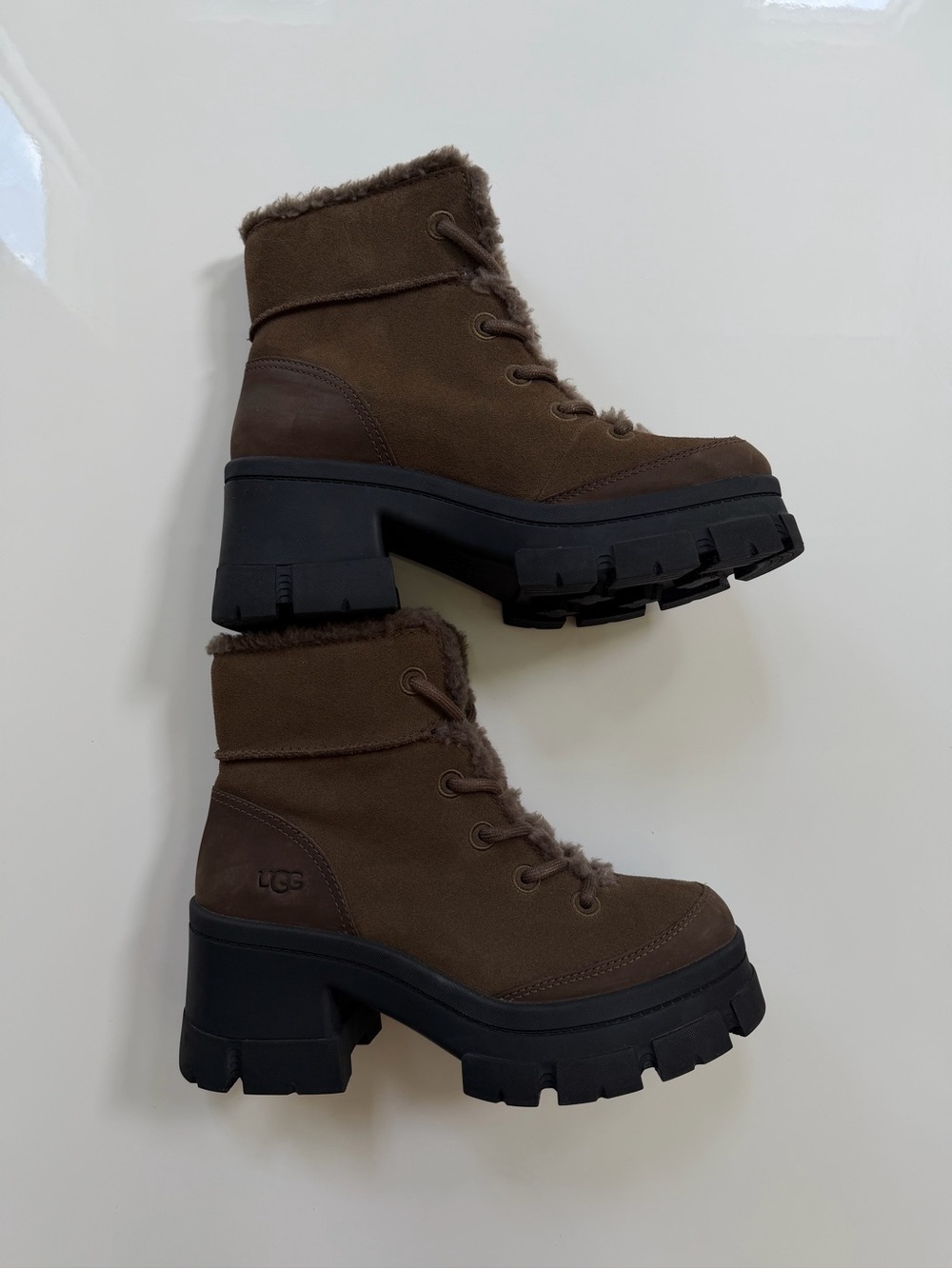 UGG Brooklyn lace up Suede Lug Sole Shearling Trim Ankle Boots dark toffee 9.5